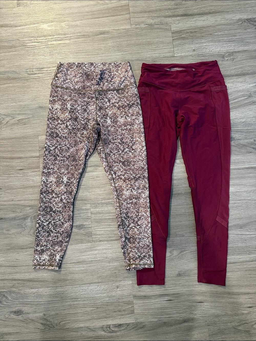 Two Women's Leggings - Burgundy Solid + Brown/Beige Speckled Print